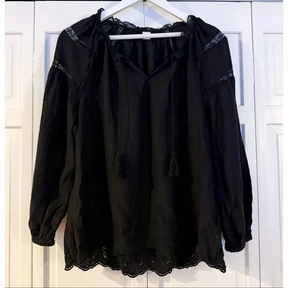 Old Navy black embroidered puff sleeve boho blouse size M